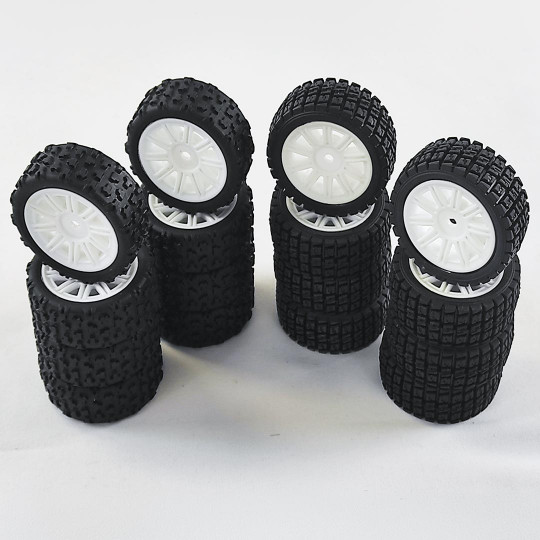 Electric car part pack of 8 soft tires + 8 medium tires on white rally rims for Stinger Piste 1:14 Electric car part pack of 8...